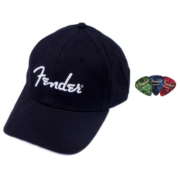 Fender Spaghetti Logo Hat, One Size Fits Most - Black Bundle with Picks