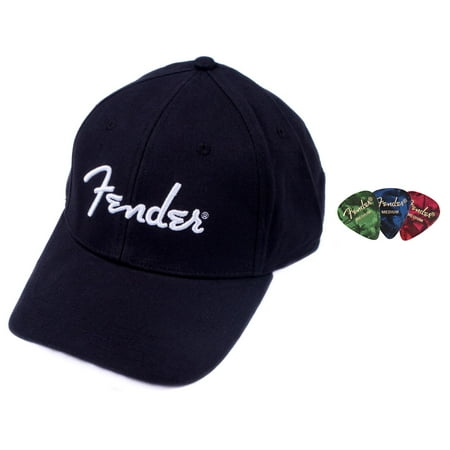 Fender Spaghetti Logo Hat, One Size Fits Most - Black Bundle with Picks