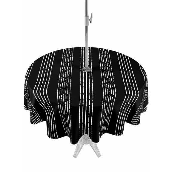 Outdoor Tablecloth with Umbrella Hole and Zipper, Tribal Boho Geometric Stripes Round Waterproof Table Cover 60in Washable Table Cloth for Patio Picnic Party Black