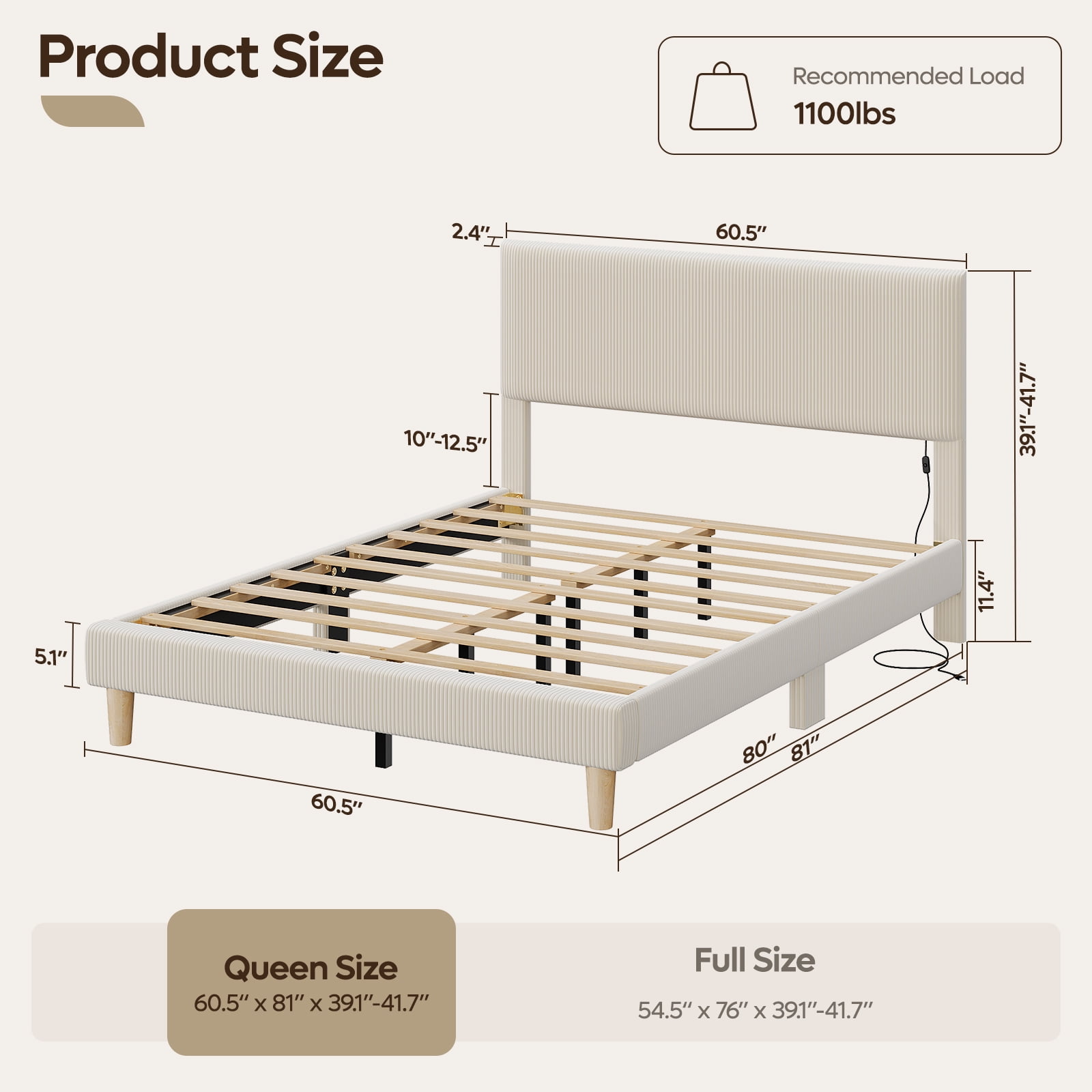 Bestier Corduroy Upholstered Queen Bed Frame with Adjustable Headboard, Platform Bed Frame with LED Light, Solid Wood Slats, No Box Spring Needed, Off White