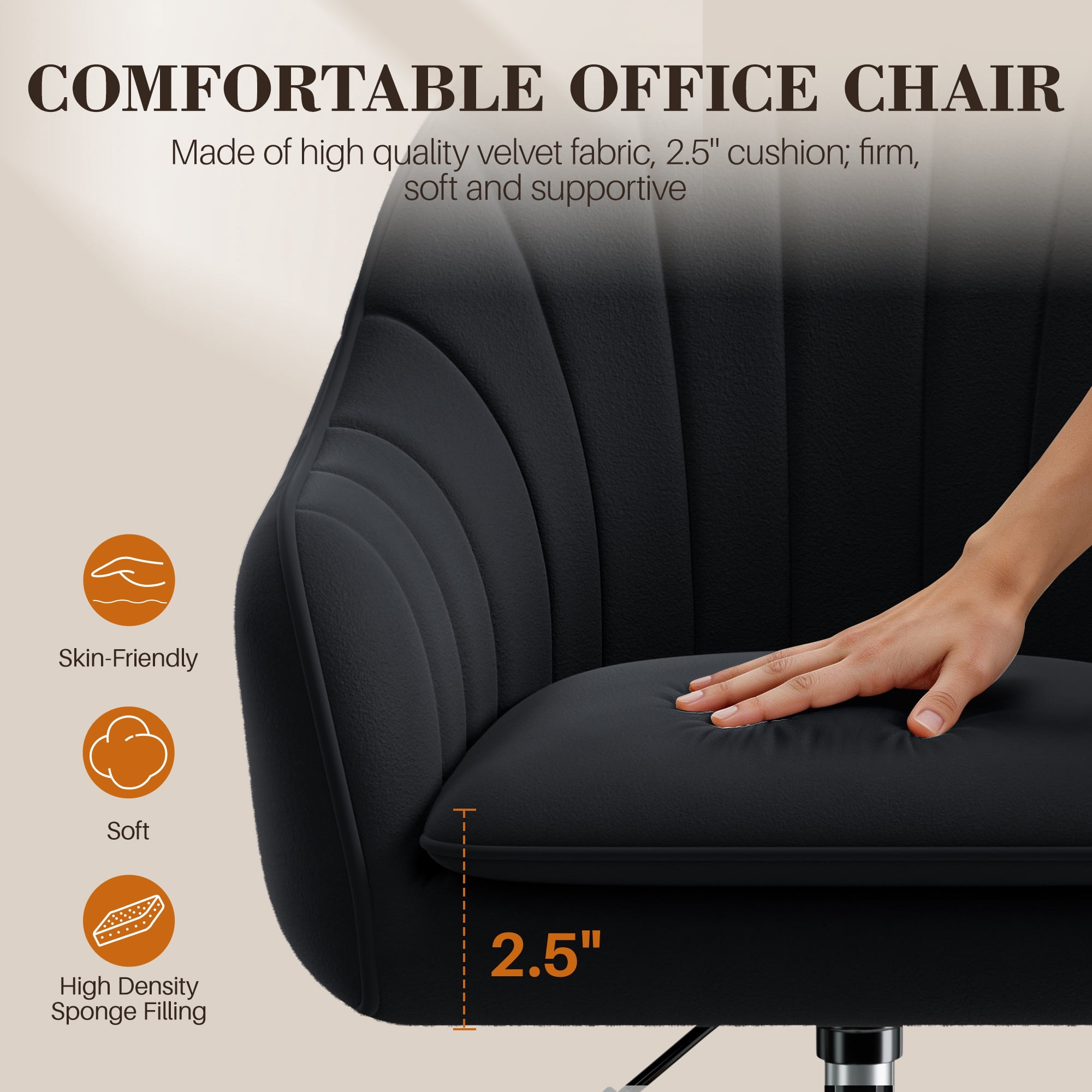 COOLHUT Office Desk Chair with Padded, Velvet Vanity Chair with Back and Wheels, Comfy Home Office Chiar with Gold Legs, Height Adjustable, Rolling Chair for Vanity Room, Makeup Room, Bedroom, Black