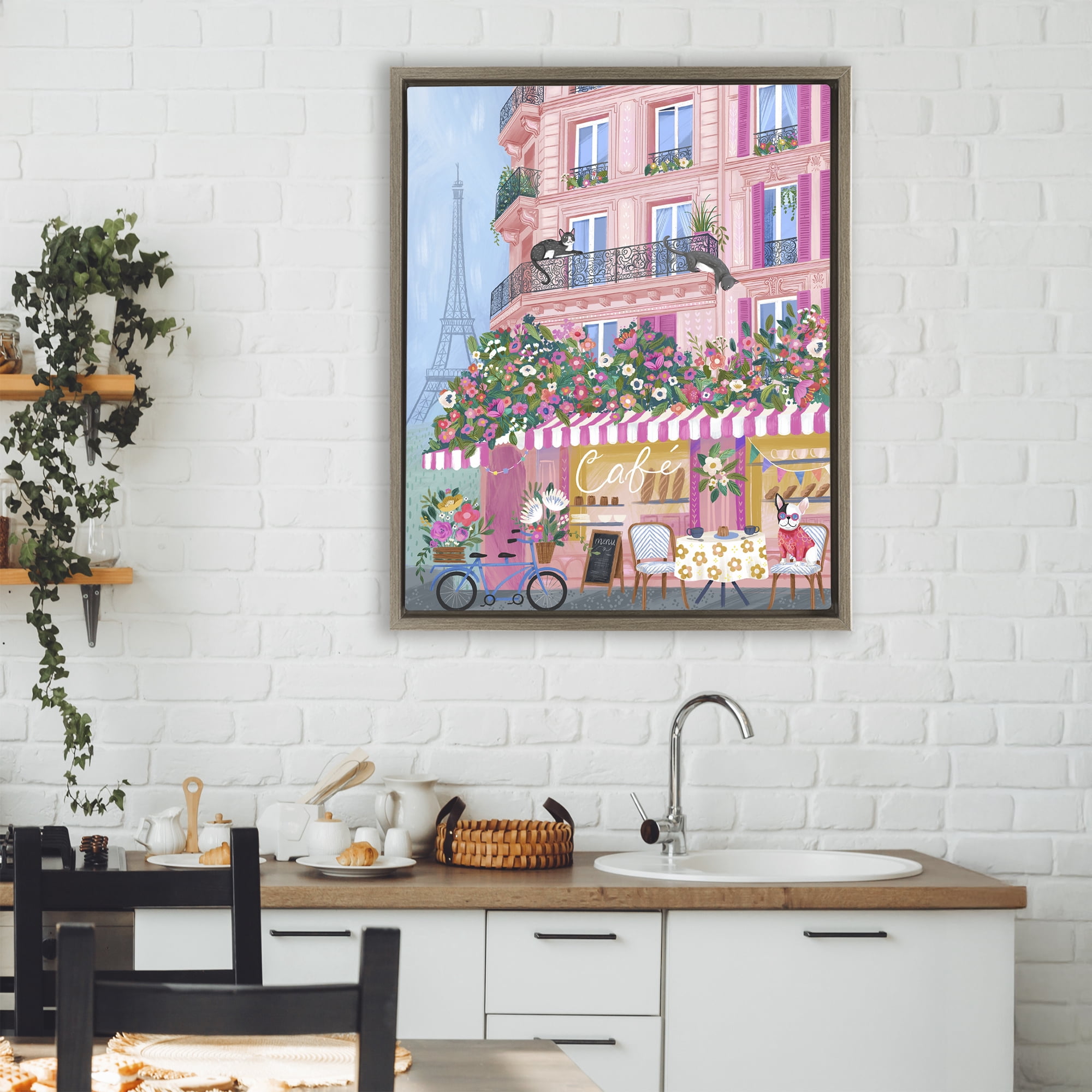 Stupell Industries Cats on Cafe Balcony Brown Framed Floater Canvas Wall Art, design by Arrolynn Weiderhold
