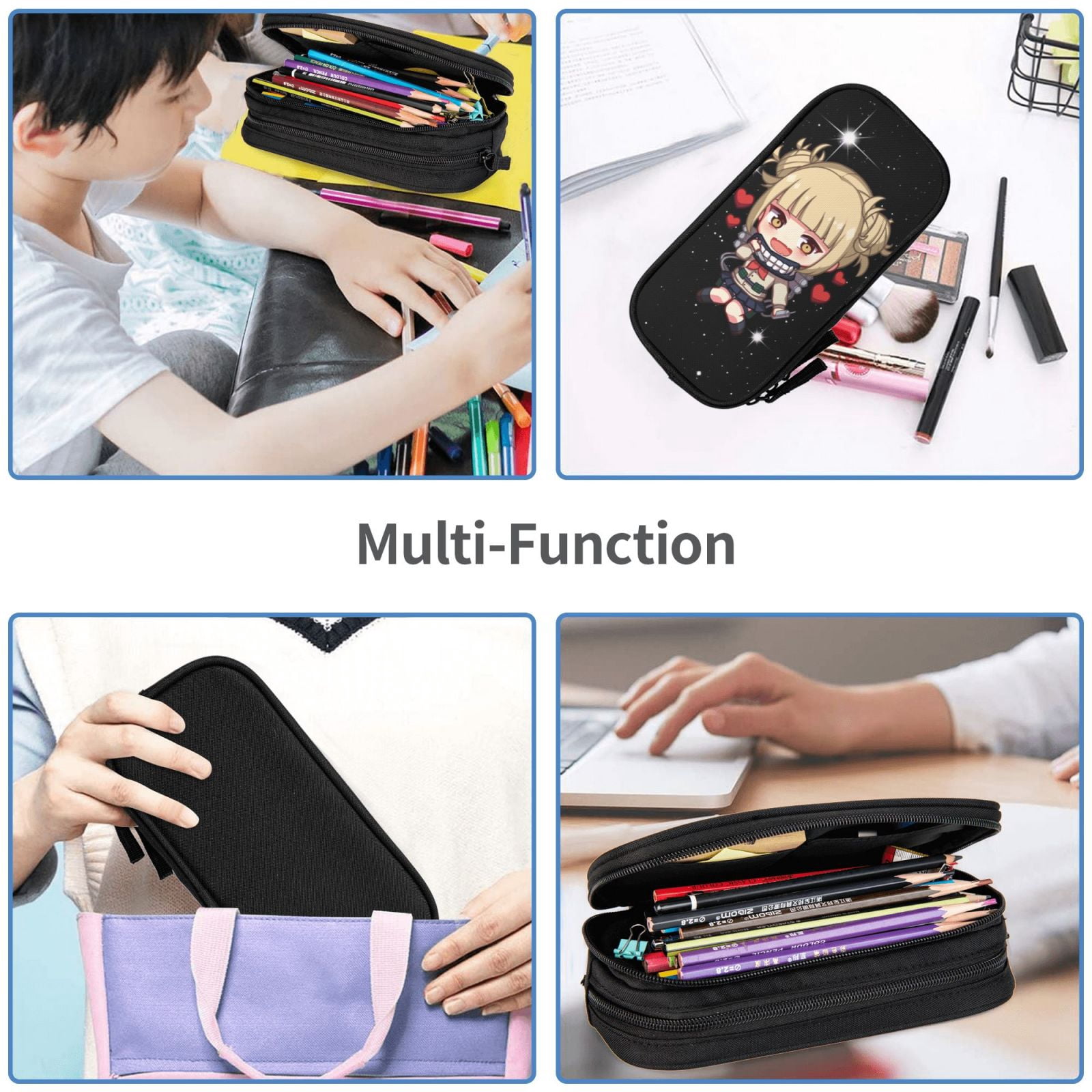 My Hero Academia Himiko Toga Pencil Case Large Capacity Pencil Pouch Pen Bag Office Stationery Organizer Travel Makeup Bag Black
