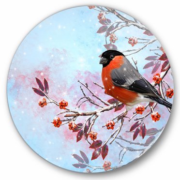 Designart 'A Bright Bullfinch Bird Sitting On A Branch' Traditional Circle Metal Wall Art 23x23 - Disc of 23