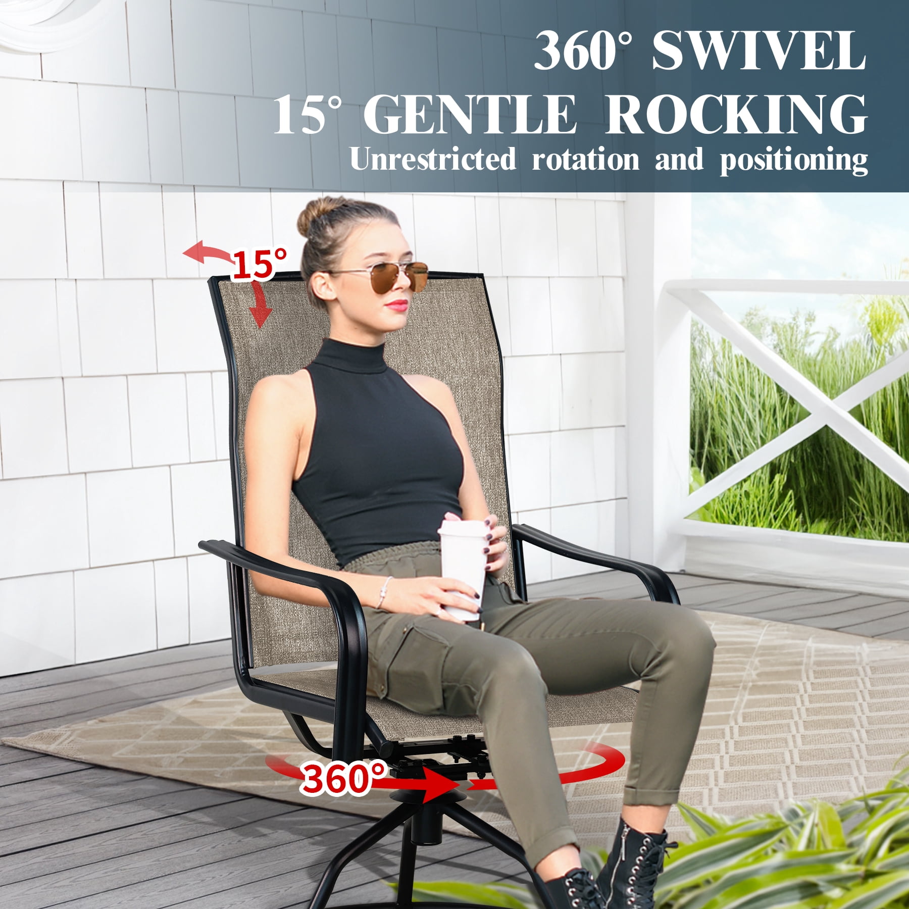 Set of 2 Patio Swivel Dining Chairs: 360° Rotating & 15° Rocking Motion, Ergonomic High-Back with All-Weather Textilene Fabric & Iron Frame for Backyard, Poolside, Porch & Garden