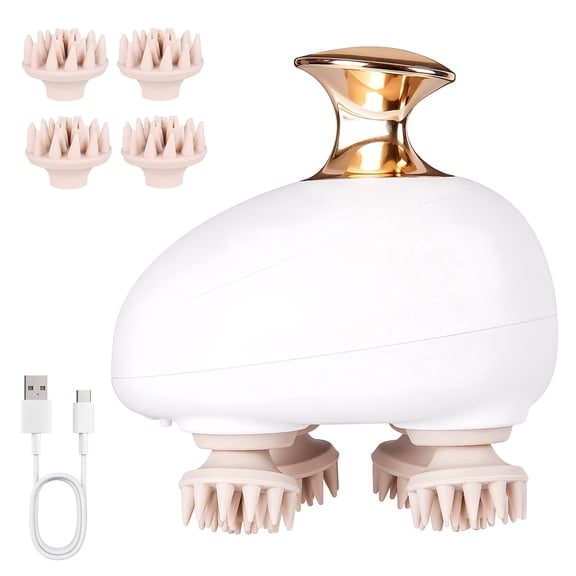 TeSabMi Electric Scalp Massager for Long Hair, Waterproof Rechargeable Shampoo Brush with Detachable Silicone Heads, Wet and Dry Use, White
