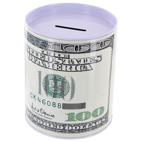 $100 Dollar Bill Metal Money Coin Piggy Bank Coin Saver 6.1/4" tall 5" Diameter 