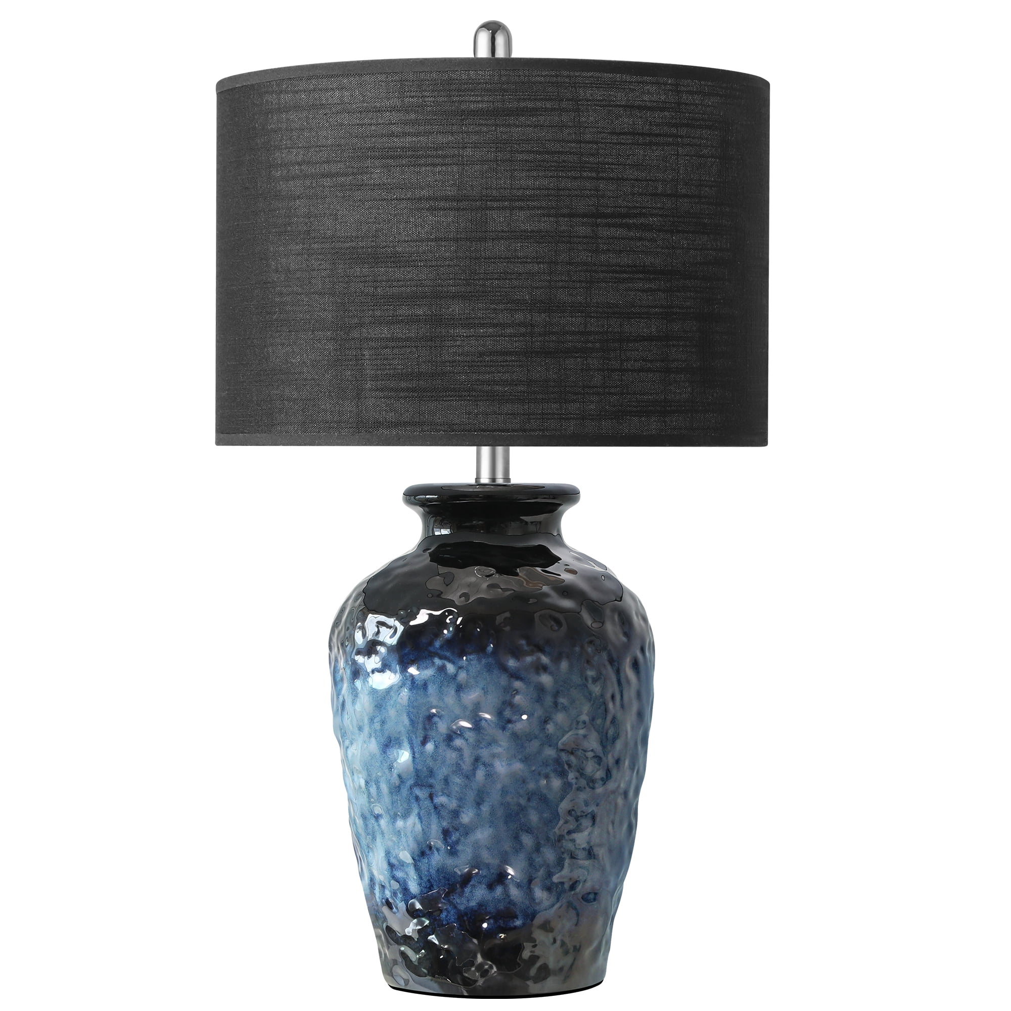 26in Farmhouse Ceramic Table Lamp, Rustic Navy Blue Bedside Lamp with Black Linen Shade for Bedroom Living Room Office Nightstand