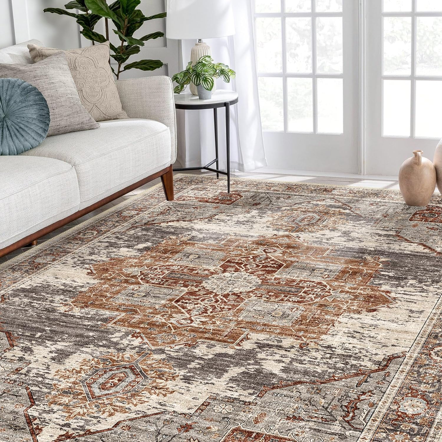 RUUGME Washable 9x12 Area Rugs - Large Rugs for Living Room Stain Resistant Carpet Vintage Rugs for Bedroom with Non Slip Backing Home Decor Floor Decoration Mat (9x12 Brick)