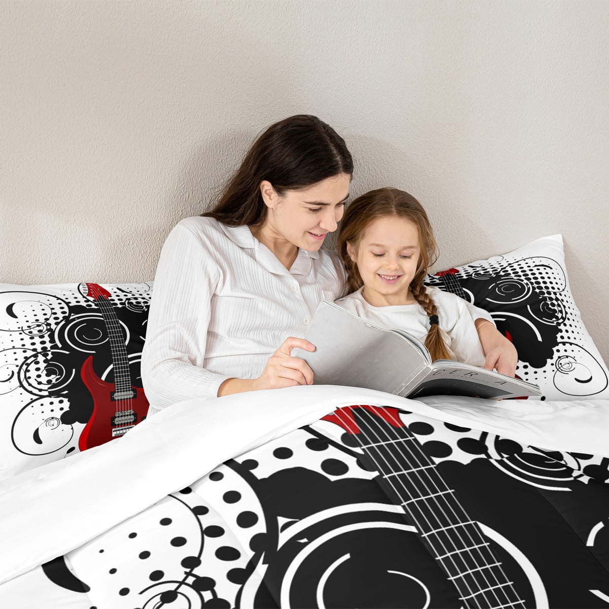 jejeloiu Red Guitar Twin Bedding Sets 7-Piece,Music Theme Bedding Comforter Set,Musical Instrument Sheet Sets For Children,Super Cozy Room Decor