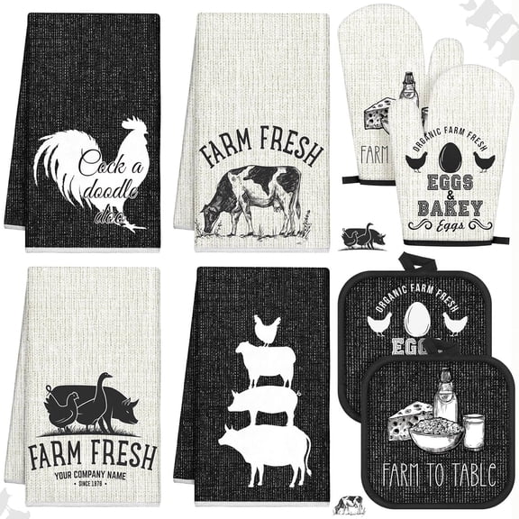 8 Pcs Farm Animal Theme Kitchen Towels Pot Holders and Oven Mitt Set 4 Farmhouse Dish Towels 2 Rustic Square Potholders 2 Decorative Heat Resistant Glove for Cooking Baking Home Gifting