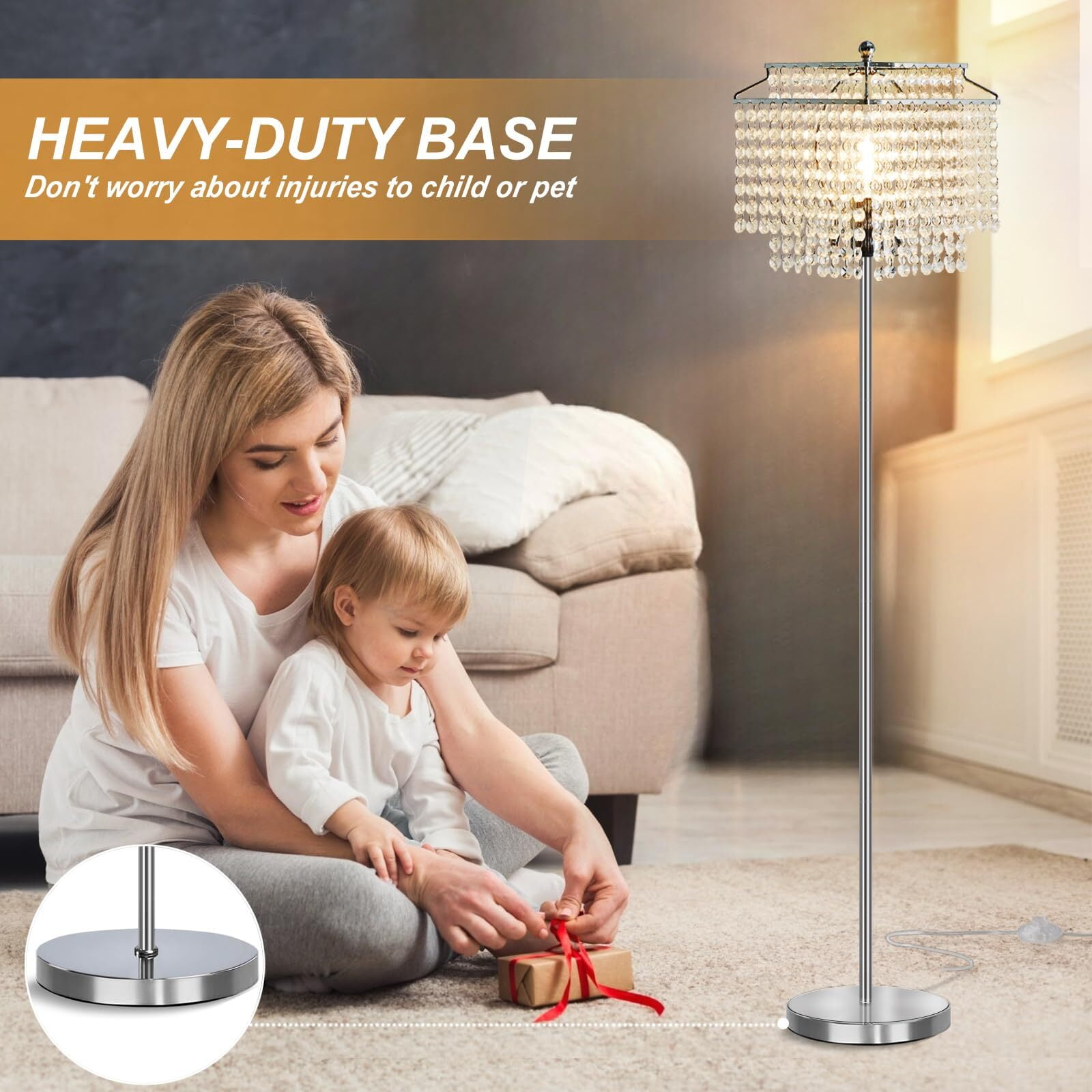 NATYSWAN Crystal Floor Lamp Silver, Modern Standing Lamps with