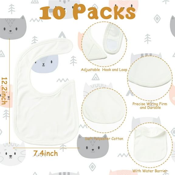 10Pcs Sublimation Baby Bibs White Cotton Waterproof Infant Bib Blank DIY Creative Food Bib for Drooling Feeding Eating Teething