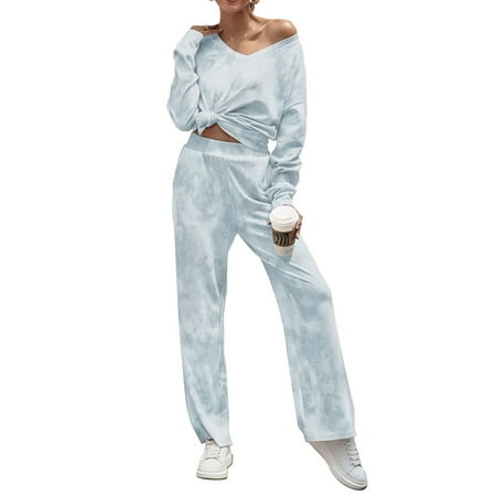 

Homgro Women s Long Sleeve Pajamas Set Tie Dye Printed Soft Pajama Set 2 Piece Loose Fit Cotton V Neck Pj Set Light Blue 10