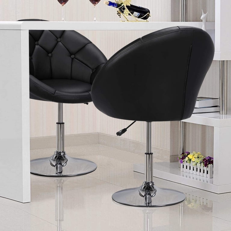 leather dressing table chair Giantex Swivel Vanity Chair, Height Adjustable Accent Chair w/ Round Tufted Back, Modern Bar Stool w/ PU Leather & Chromed Base Black / 1
