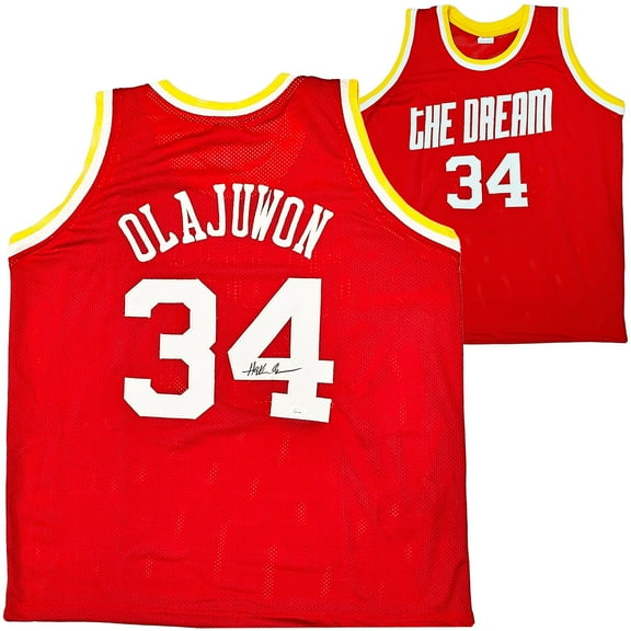 Houston Rockets Hakeem Olajuwon Autographed Red Jersey The Dream JSA 215698
