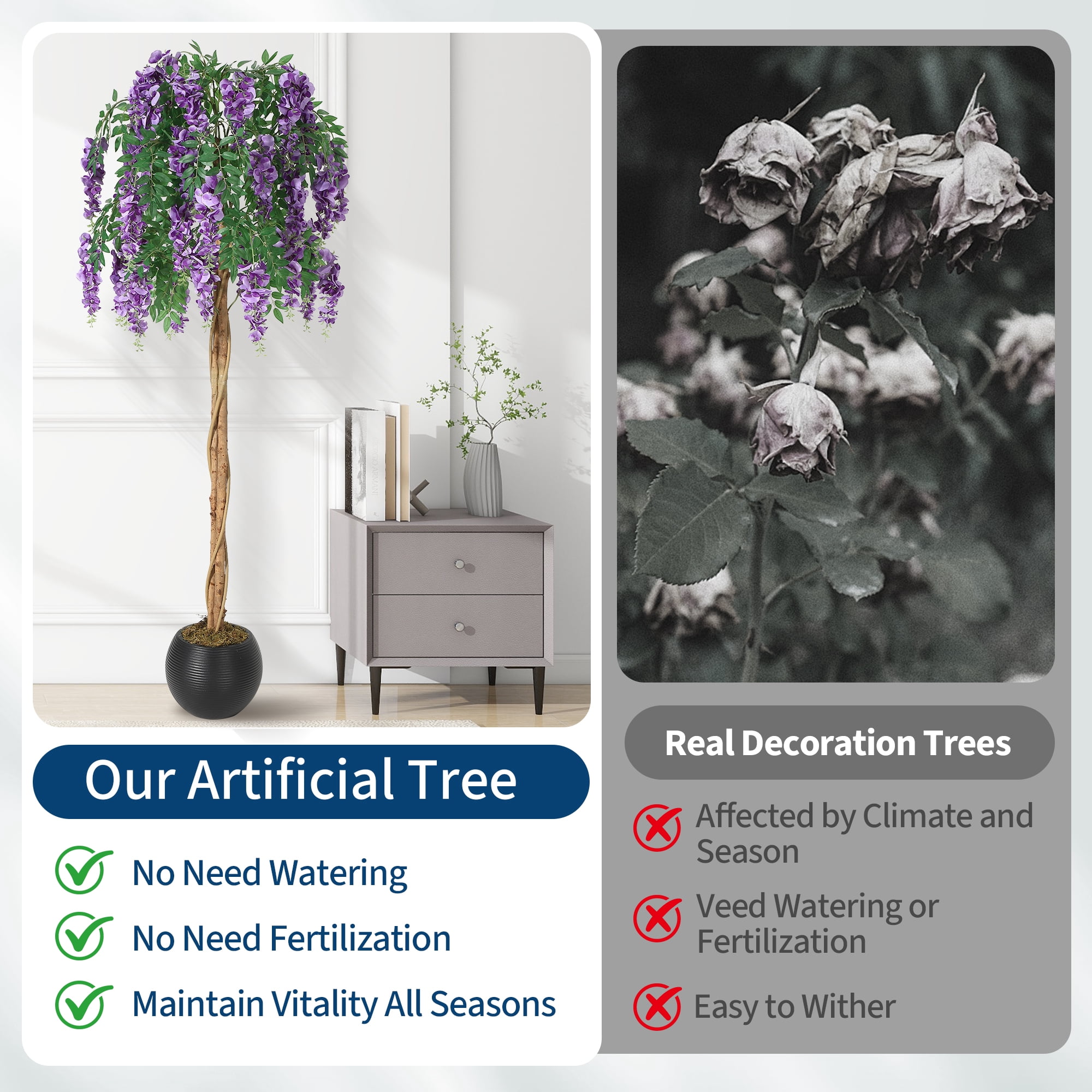 PYY Lifelike Silk Purple Bean Flower Tree – Realistic Double Vine Stems, Hanging Moss, Decorative Faux Plant in Cement Pot for Home, Office, Wedding, or Photo Backdrop, Indoor Decor, 6FT