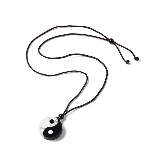 2pc Natural Obsidian & Howlite Pendant Necklaces Yin Yang Black and White 24.41 inch(62cm)