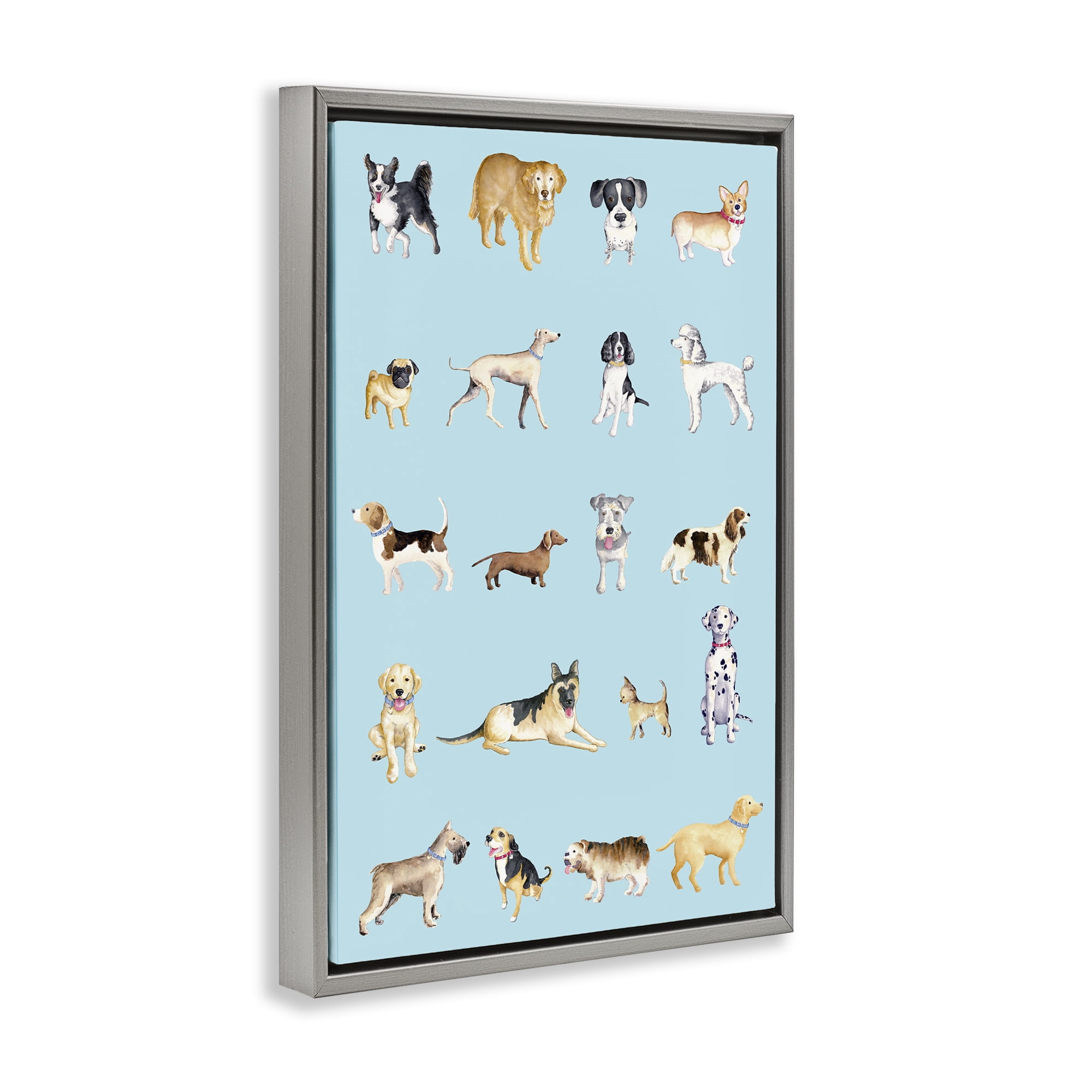 Stupell Industries Dog Breeds on Blue Gray Framed Floater Canvas Wall Art, design by Andi Metz