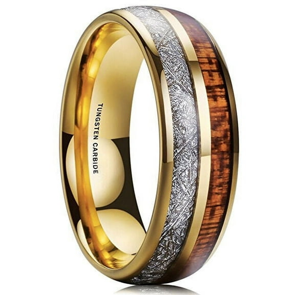 Wedding Rings Men Women. 8mm Gold Tungsten Wedding Band Wood & Meteorite