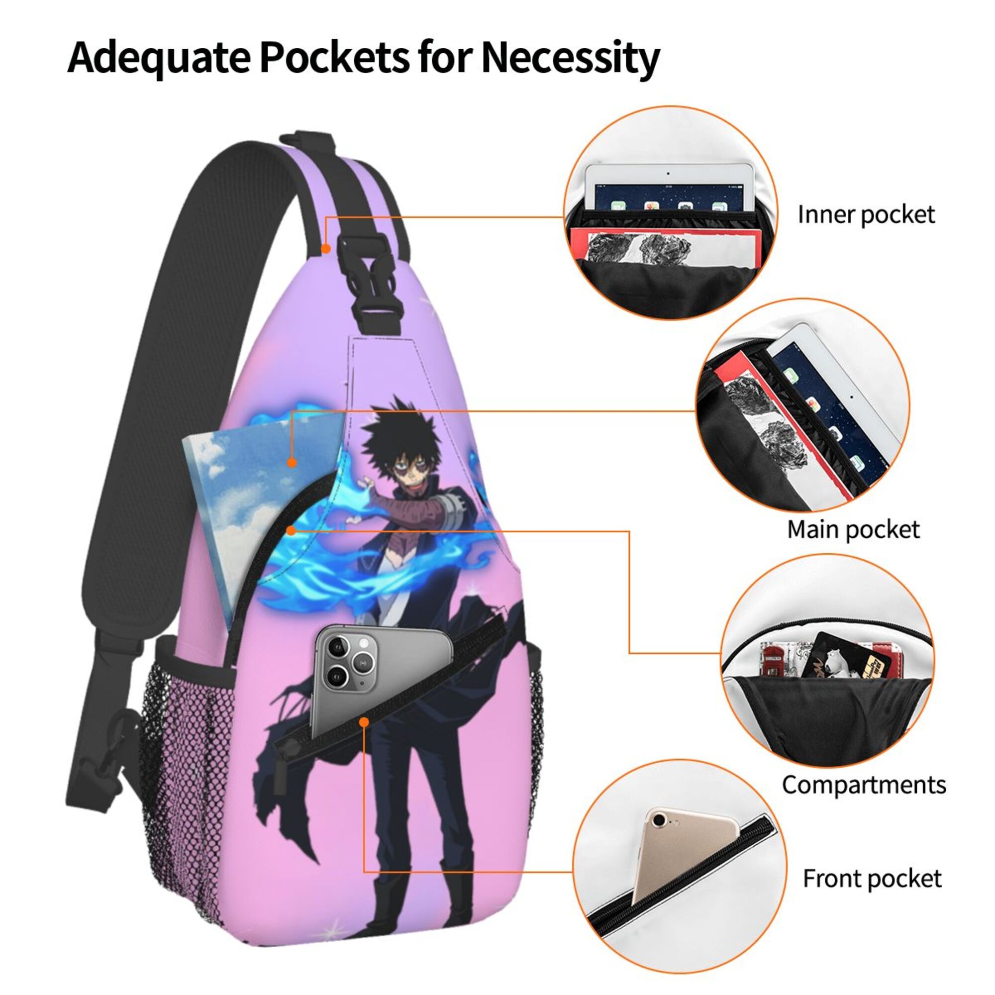 My Hero Academia Dabi Sling Backpack Crossbody Shoulder Bags for Men Women Small Daypacks Chest Bag Hiking Travel Sport Climbing Runners
