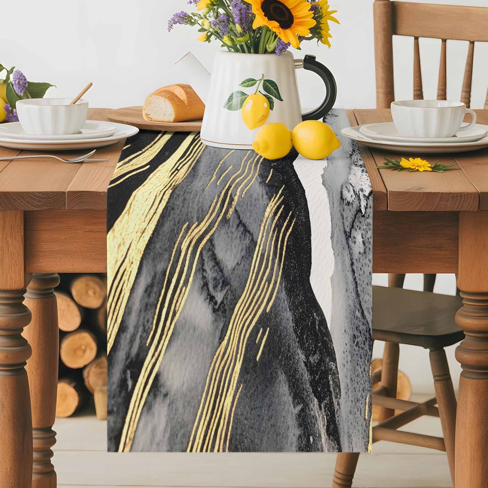 Gray Marble Abstract Stripe Table Runner 90 Inches Long, Gold Foil Modern Luxury Table Runners Tabletop Scarf Kitchen Dining Tables Decoration for Home Party Indoor Outdoor
