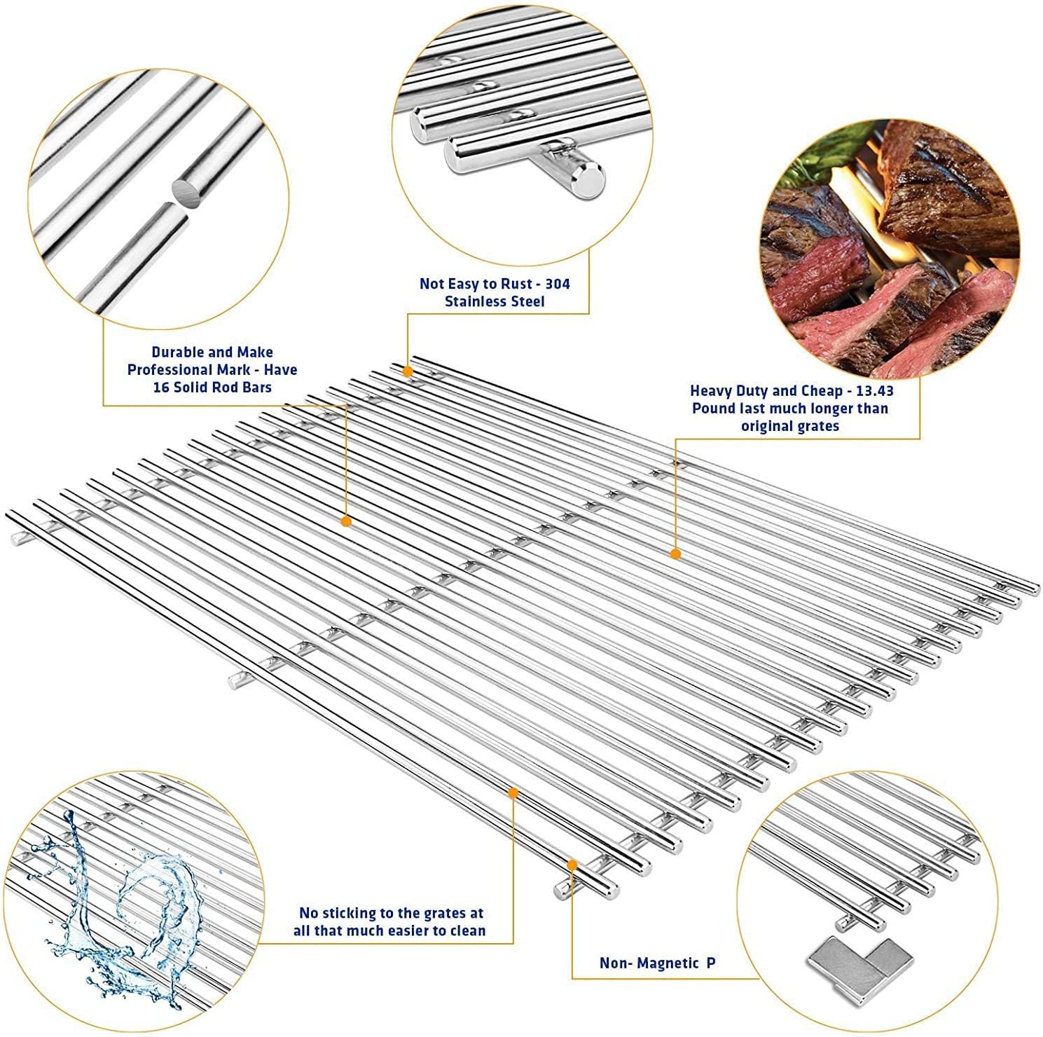 Grisun 7639 304 Stainless Steel Cooking Grates for Weber Spirit and Spirit II 300 Series Spirit E-310 E-330 E/S320 Genesis Silver/Gold B & C Genesis Platinum B & C Grill Replacement Part Grates 17.3" - image 2 of 13