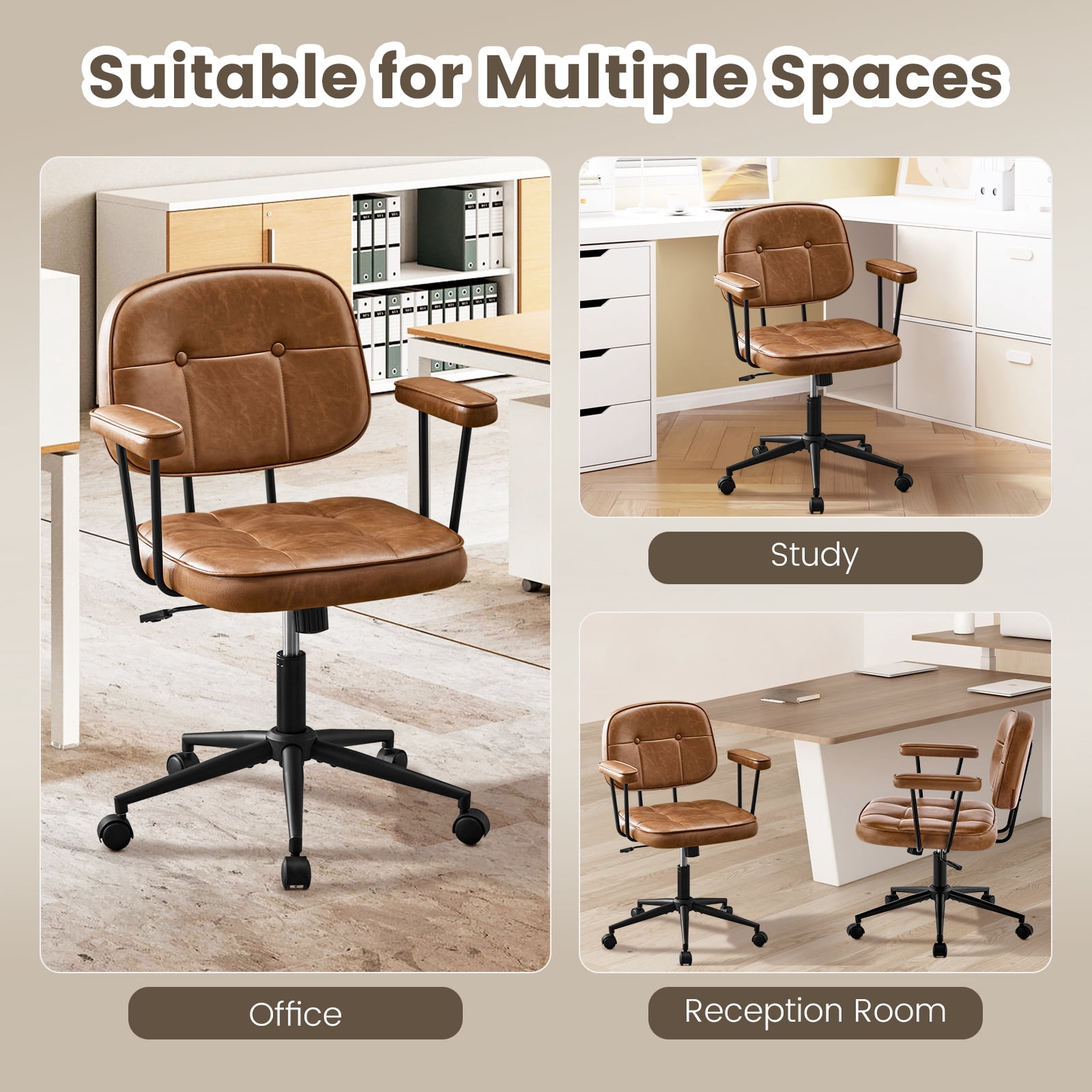 Falvinoryn Modern Home Office Desk Chair, Ergonomic Computer Task Chair with Padded Armrests, 360° Swivel Adjustable Height Rolling Chair, Rocking Function.Brown