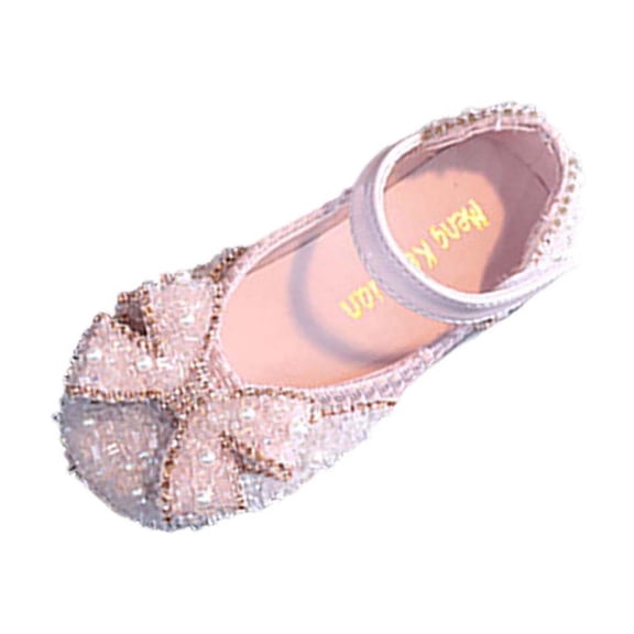 Floleo Girls' Beaded Rhinestone Bow Mary Jane Flats Adjustable Strap Sparkly Princess Shoes for Toddlers & Little Girls Birthdays Weddings and Special Events(Pink,5.5-6 Years)