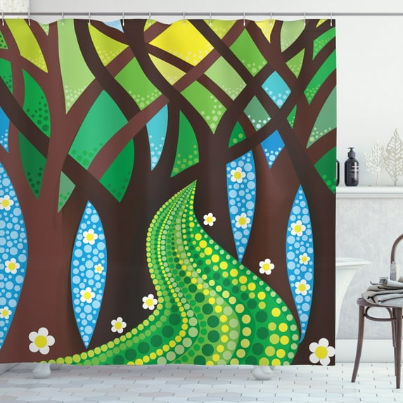Enchanted Forest Shower Curtain, Abstract Woods with Footpath Going in Depth and Flowers Growing Everywhere, Fabric Bathroom Set with Hooks, 69W X 84L Inches Extra Long, Multicolor, by Ambesonne