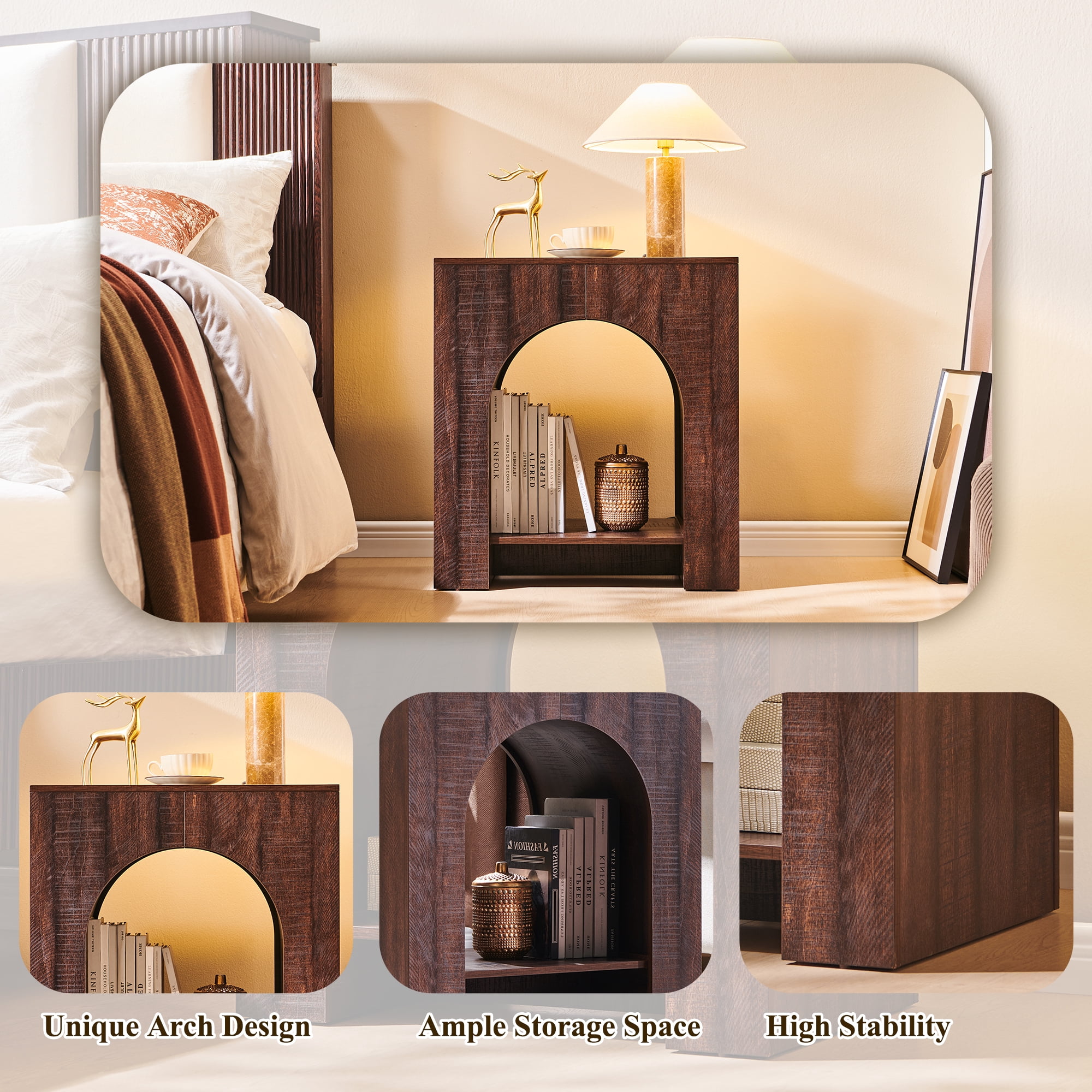 SinCiDo Modern Arched Nightstand with Charging Station, Bedside Table with Open Shelf Storage for Bedroom, Living Room