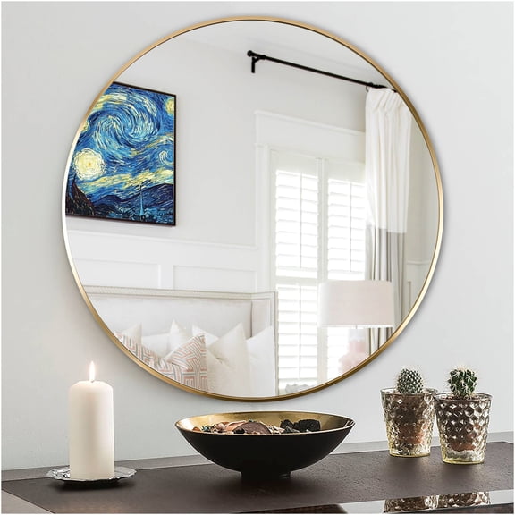 JERFIT 24 Inch Gold Round Bathroom Mirror Shatterproof, Modern Aluminum Frame Wall Mirror for Vanity, Living Room, Entryway