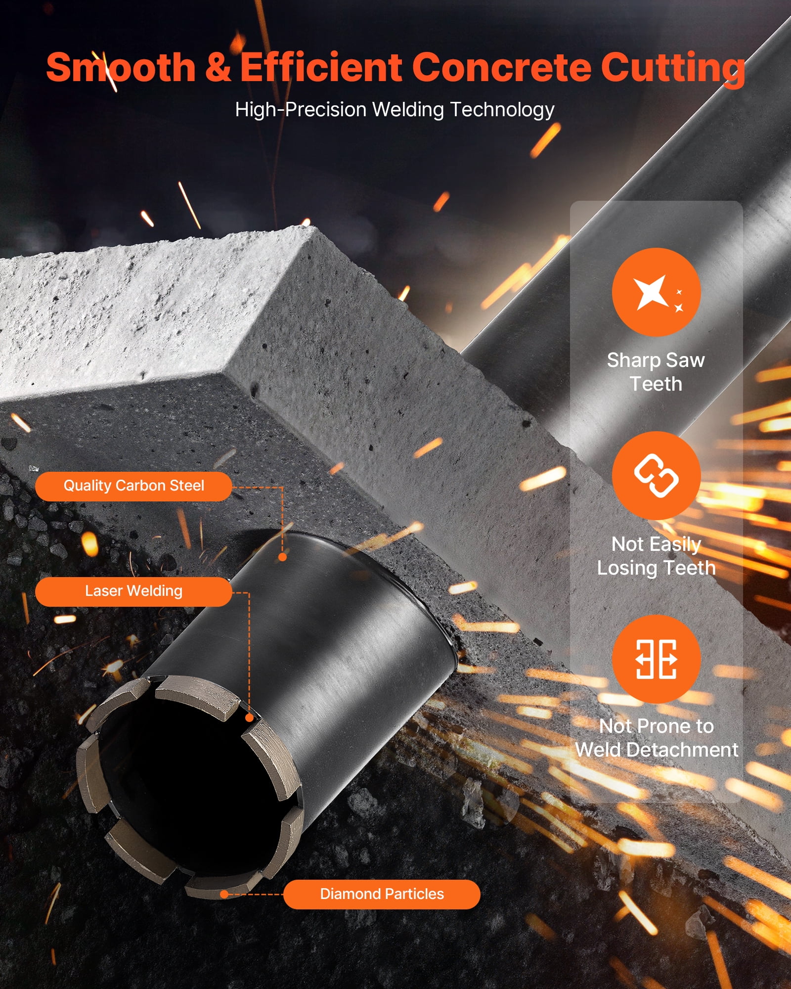 VEVOR Core Drill Bit, 6 Pieces, 1/2/3/4/5/6 inch Diameter, 14 in Drilling Depth, 1-1/4 in-7 Internal Thread, High-Precision Welding, Wet Diamond Core Bit for Reinforced Concrete, Bricks, and Masonry