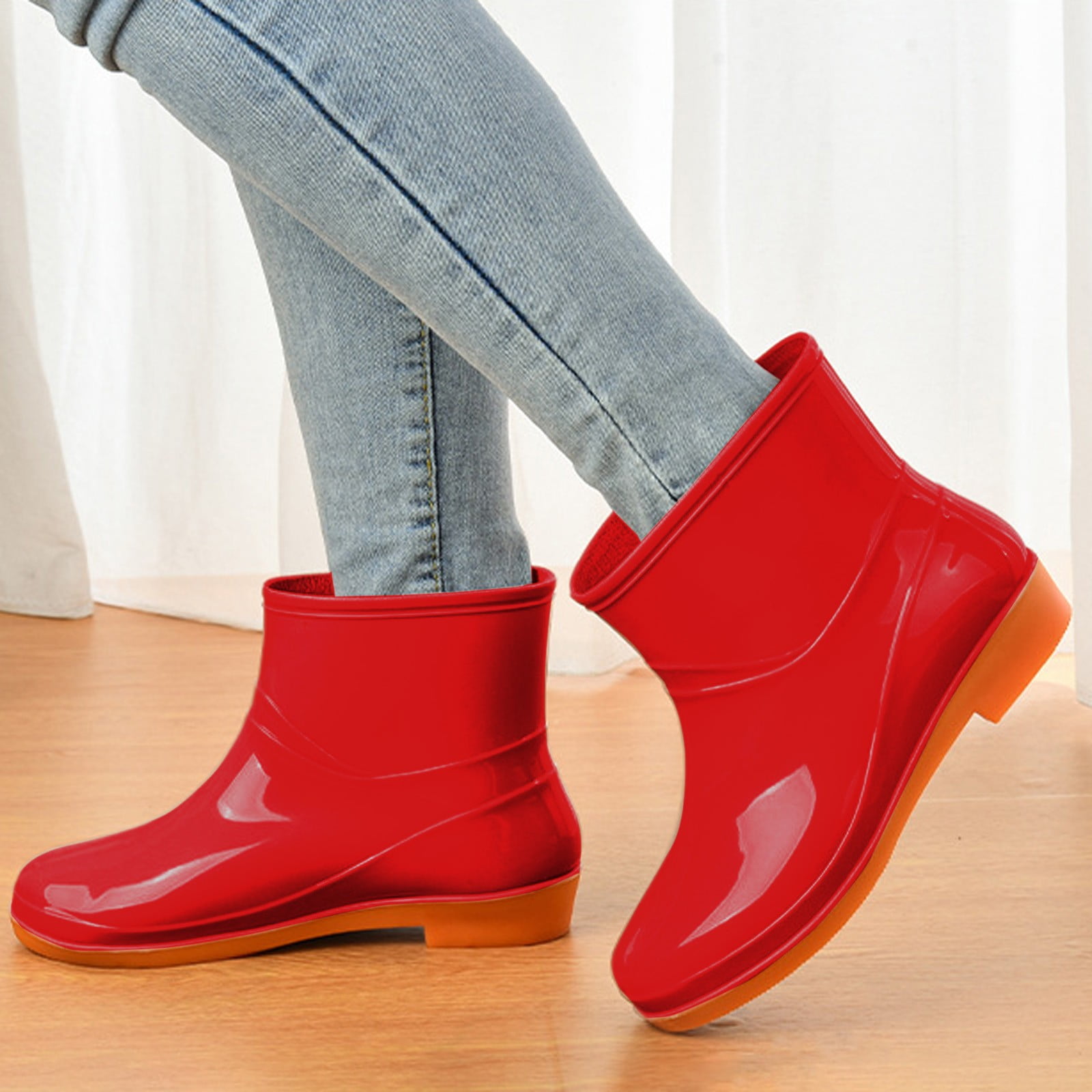 Dakaela Womens Rain Boots Waterproof Slip on Garden Shoes Rubber Sole Ankle Rainboots Booties Red 6.5