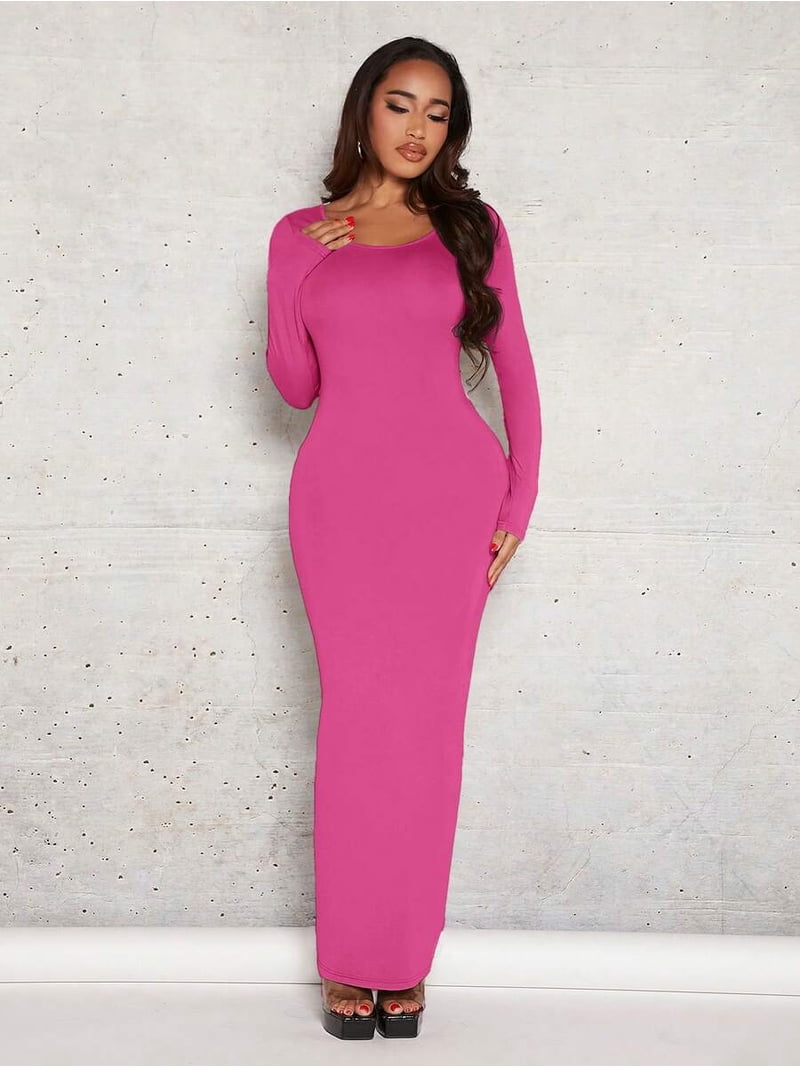 hot pink bodycon dress amazon Solid Maxi With Long Sleeves And Scoop Neck Model Mia Black Dress Socks with Sleeves Style:Spring / Summer Sleeves 8) Large (10