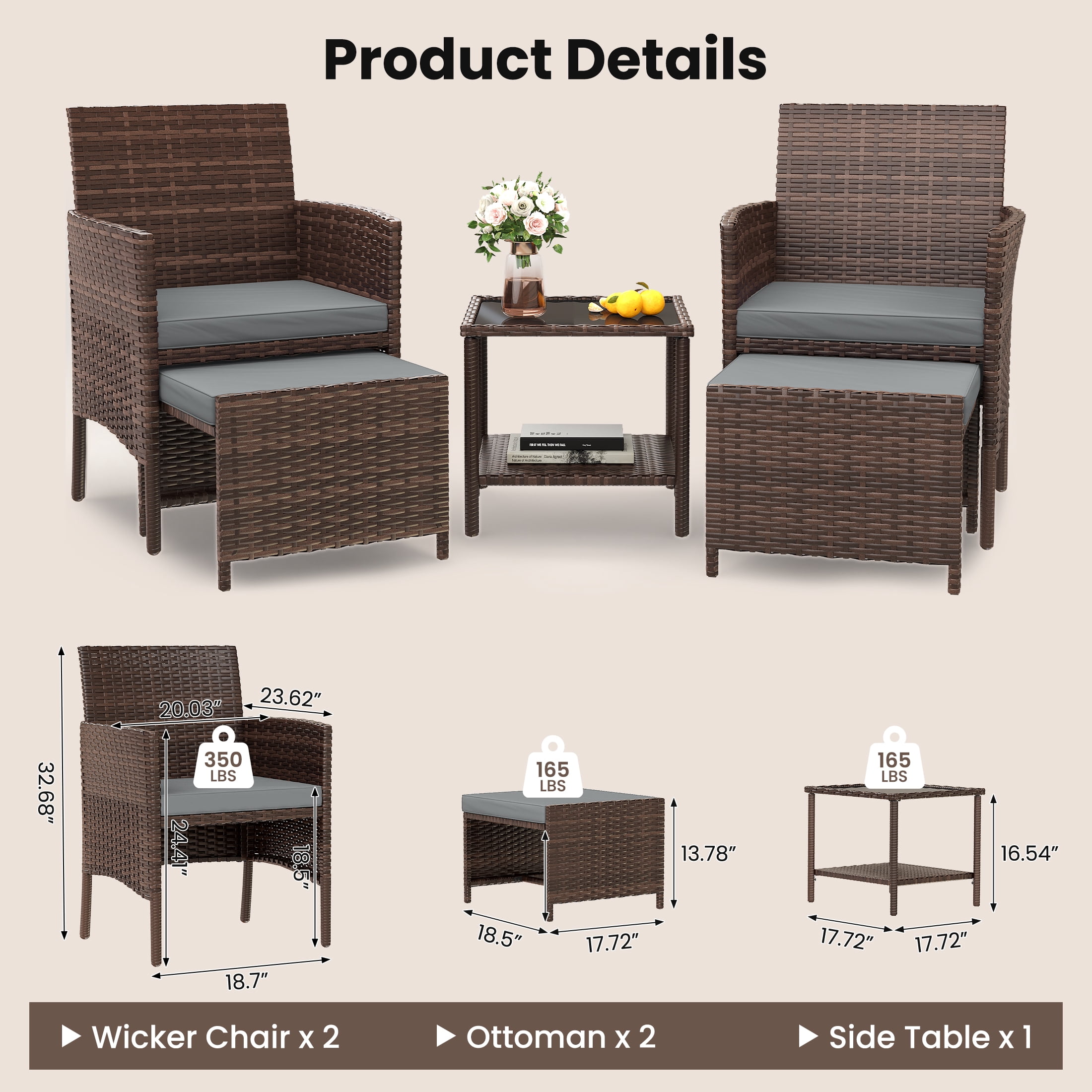 UDPATIO Balcony Furniture 5 Piece Patio Furniture Set, Outdoor Brown Wicker Chairs with Ottoman, Grey