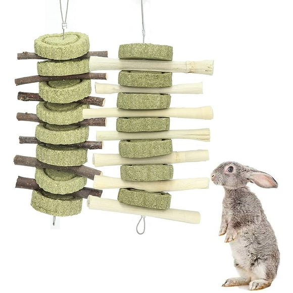 Rabbit Toys,Bunny Chew Toys for Teeth Grinding, Natural Apple Chewing Sticks with Grass Balls Improve Pets Dental Health for Rabbit, Chinchillas, Guinea Pigs, Hamsters, Totoro, Rodent(2 Pack)