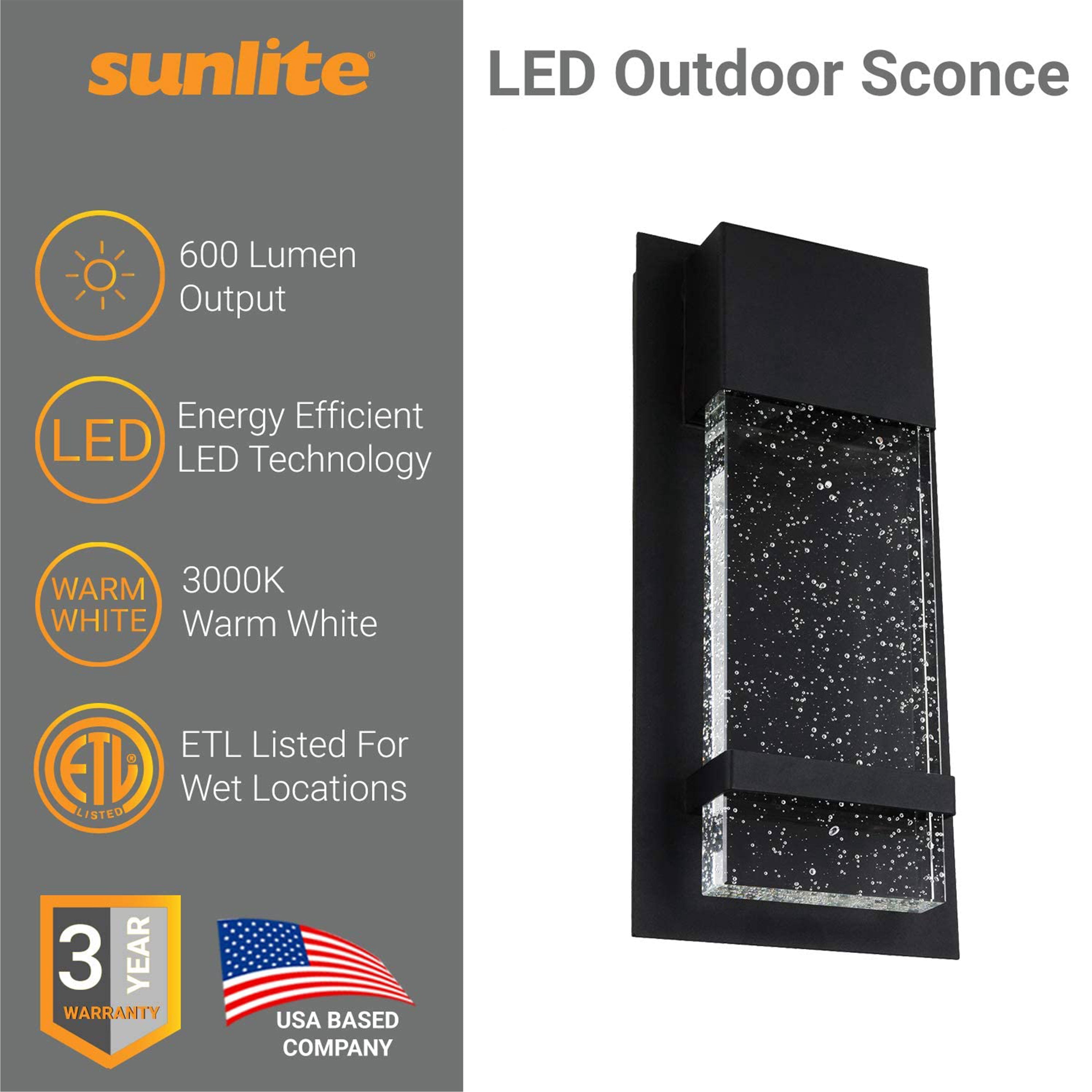 Sunlite LED Wall Sconce with Rain Glass Panel, 12 Watts, 600 Lumens, Indoor/Outdoor, Black Finish, ADA, 3000K, ETL Listed