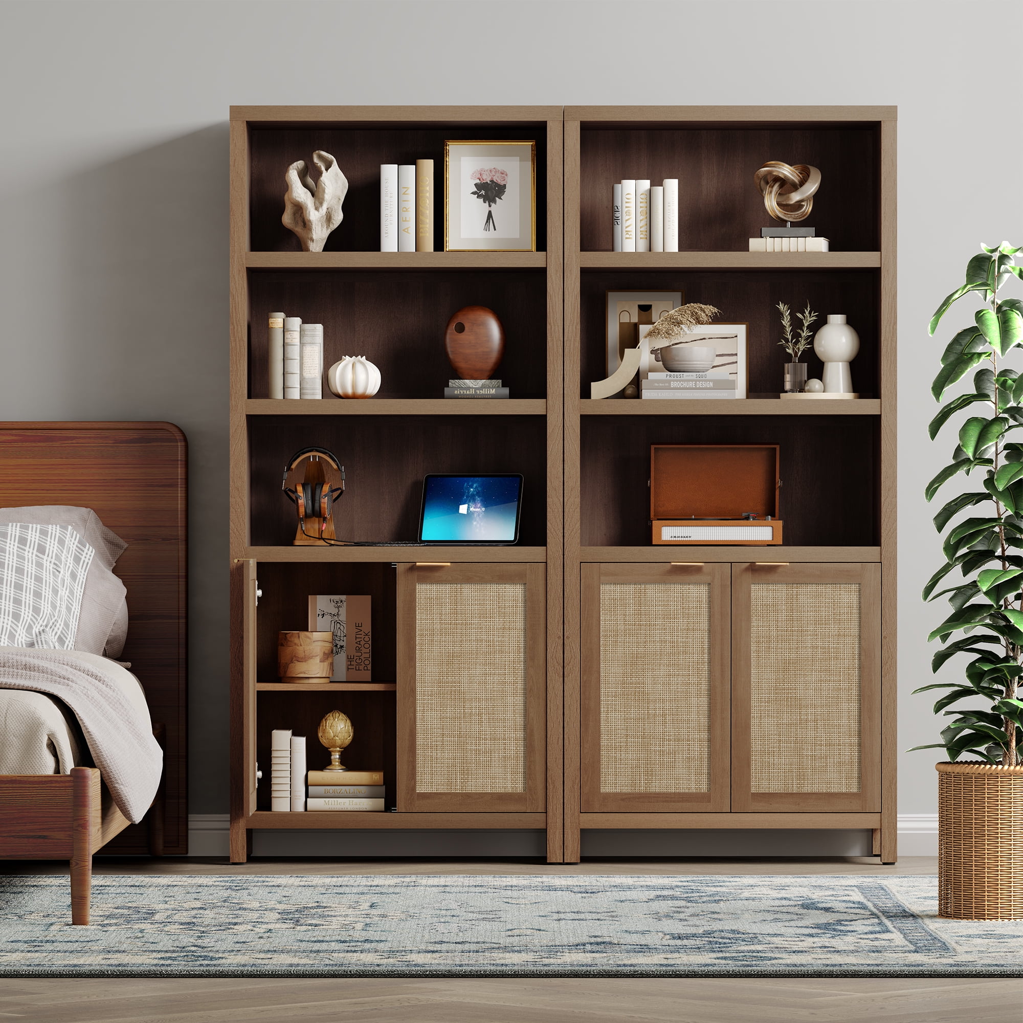 SICOTAS Rattan 5-Tier Bookshelf Set of 2, 5-Shelf Library Bookcase
