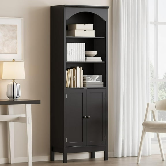 Bookshelf with Doors,71" Tall Wood Book Shelf with Cabinet, 24" Wide Arched Bookcase with Adjustable Shelf, Floor Standing Display Storage Cabinet for Home Office, Study and Living Room, Modern Black