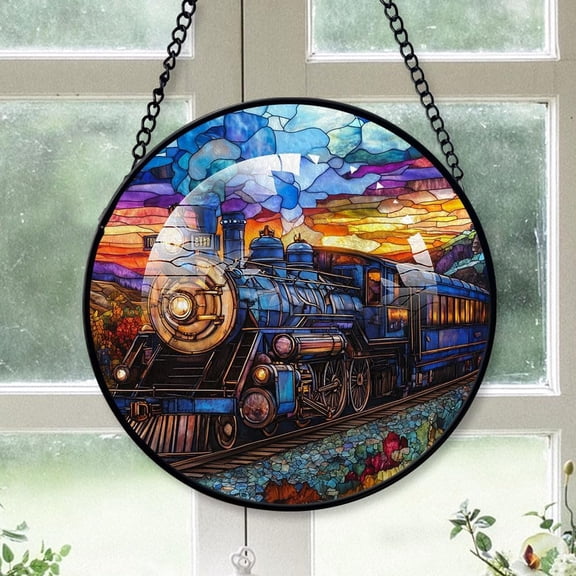 Personalized Train Blue Stained Glass Suncatcher Artistic Window Hanging, Train Blue 78” Hand-Painted Glass Panel Wall Home Decor, Train Blue Garden Decor H3Kdk9 (Train Blue 15)