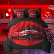 jejeloiu Red Racing Car 7 Pieces Bedding Comforter Set,Speed Game Gaming Full Bedding Set,Extreme Sport Fitted Sheet Flat Sheet For Boy,Breathable Home Decor Reversible