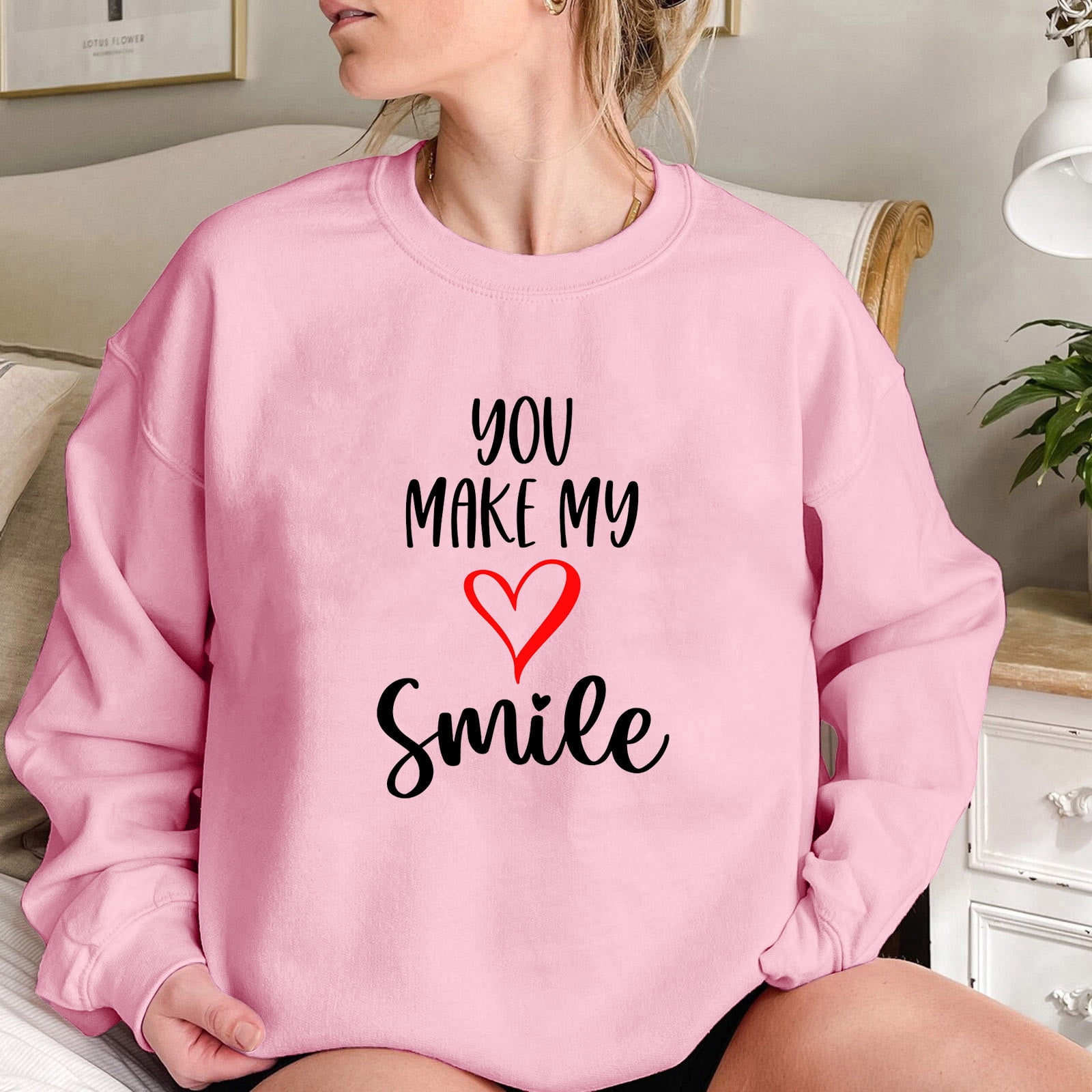 Qertyioot Chandail de la Saint-Valentin pour Femmes, Col Rond Lettres de Noël Imprimées Coupe Ample Manches Longues Mode
