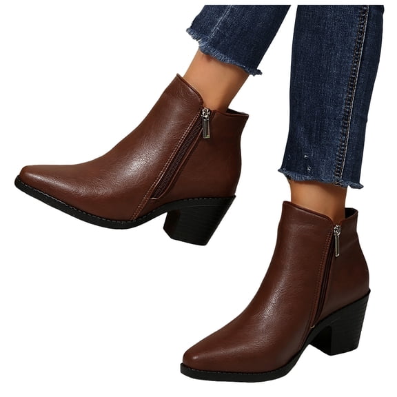 Women's Pointed toe Leather Ankle Boots Chunky Heel Slip On Fall Booties Lightweight Short Dress Shoes Gray Size 7