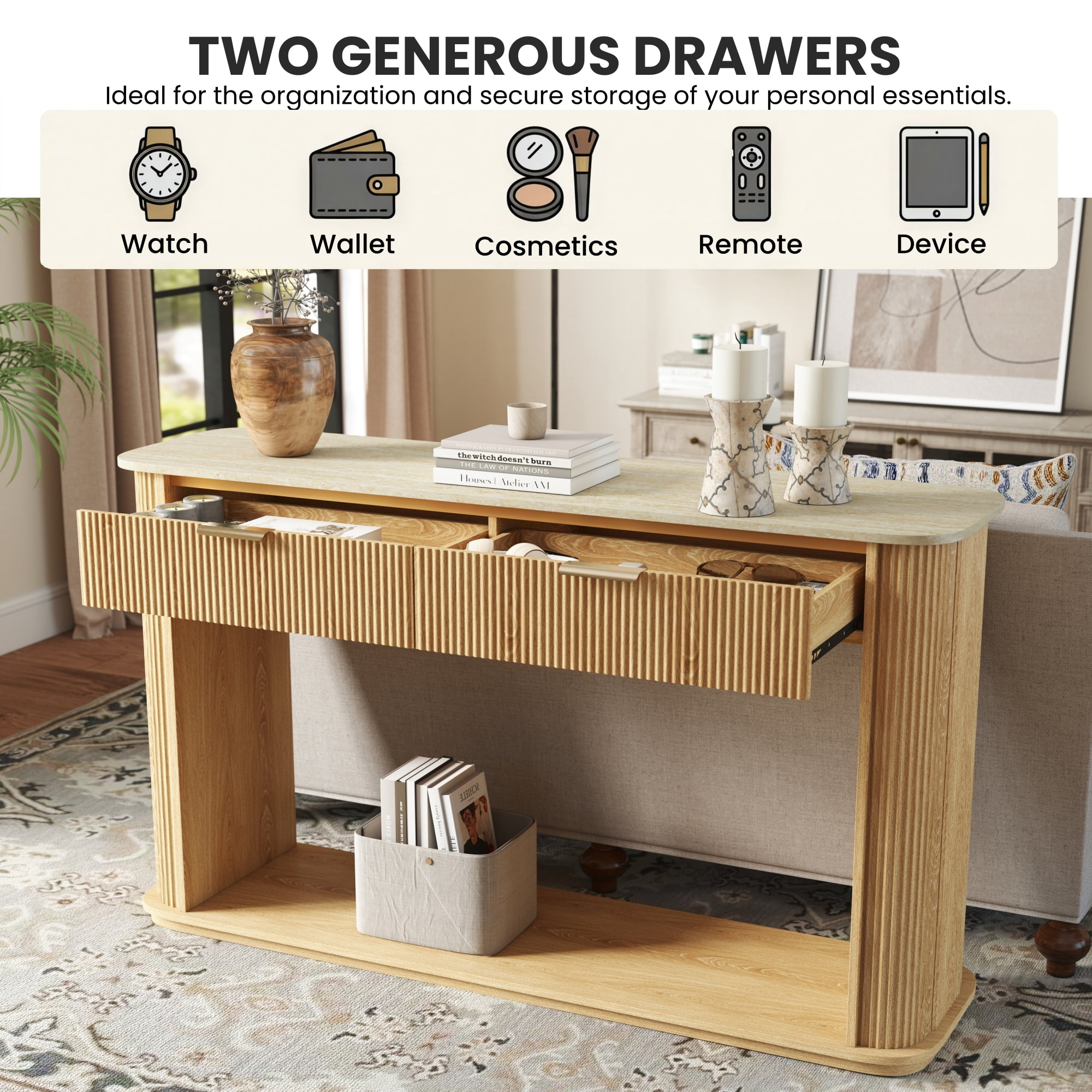 Leumius 63" Modern Curved Edge Entryway Sofa Table with Rose Gold Trim, 2 Drawers and Open Storage Shelf, Accent Hallway Table for Living Room Home Decor