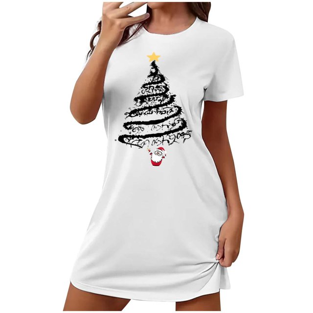 Chemises de Nuit Grande Taille pour Femmes de Noël à Manches Courtes, Robe Chemise à Col Rond pour les Fêtes, Blanche, 5TG