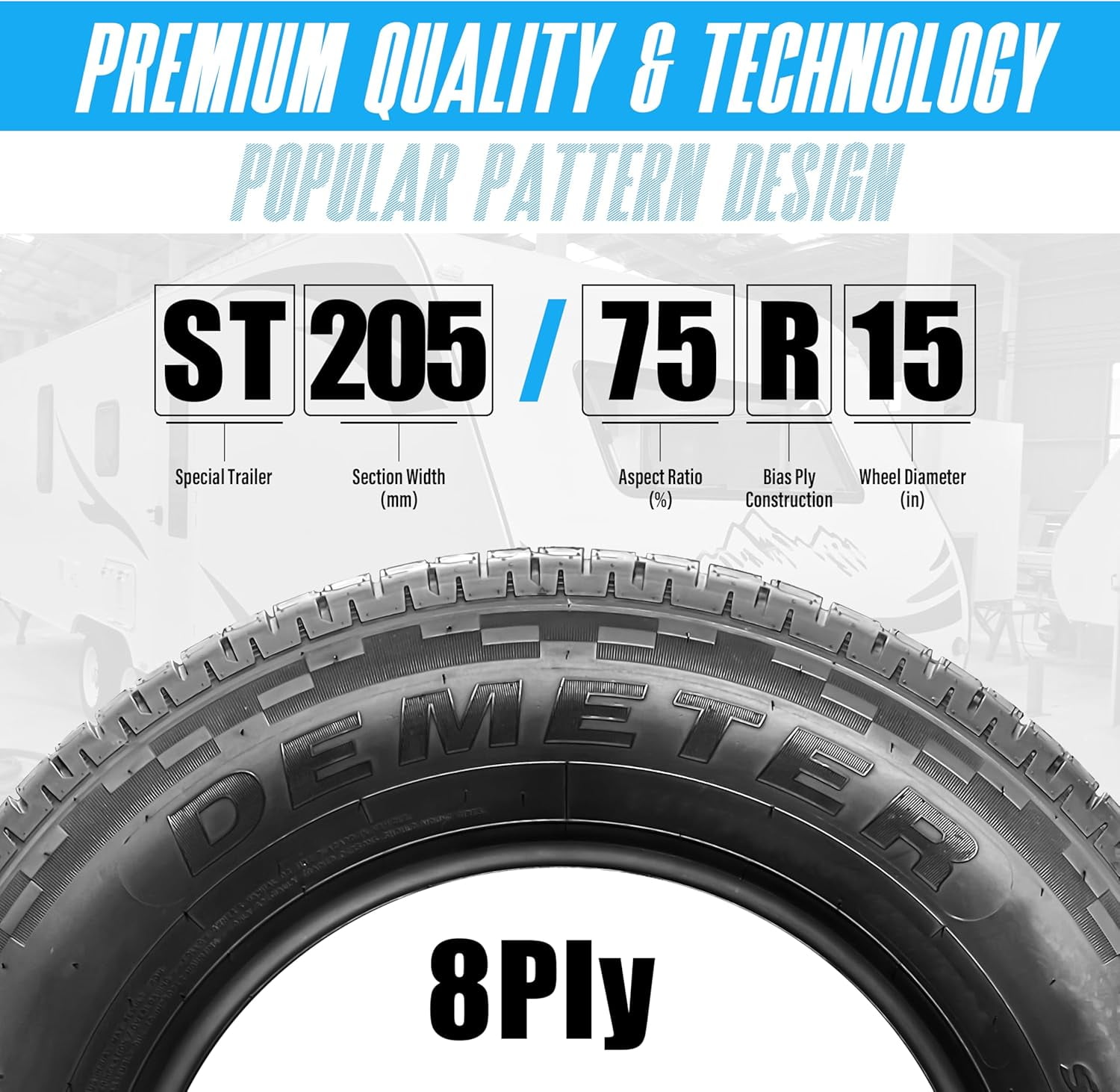 DEMETER Set of 4 Heavy Duty ST 205/75R15 Trailer Tires , Semi-Steel Trailer Tires 205/75R15 8 Ply Load Range D , 105/101M All Season Traction