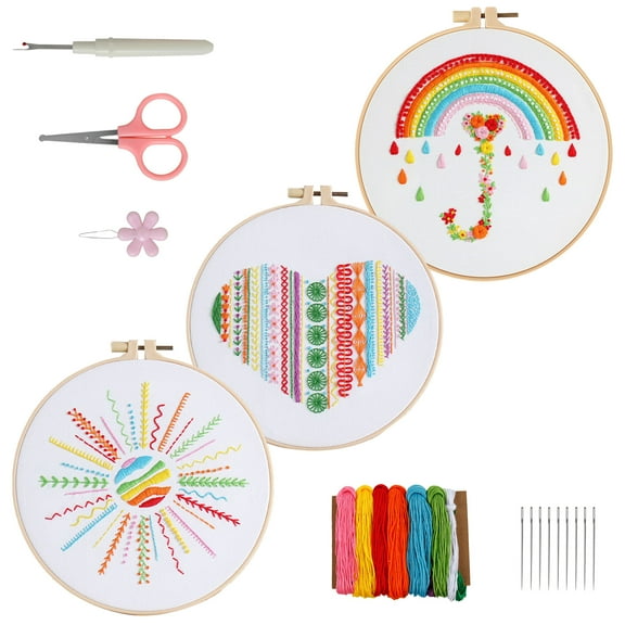Evjurcn 3 Set Embroidery Kit for Beginners Cross Stitch Kit with Embroidery Patterns Embroidery Stitch Practice Kit with Scissors Thread Remover Hand Embroidery Kit for Adults DIY Craft