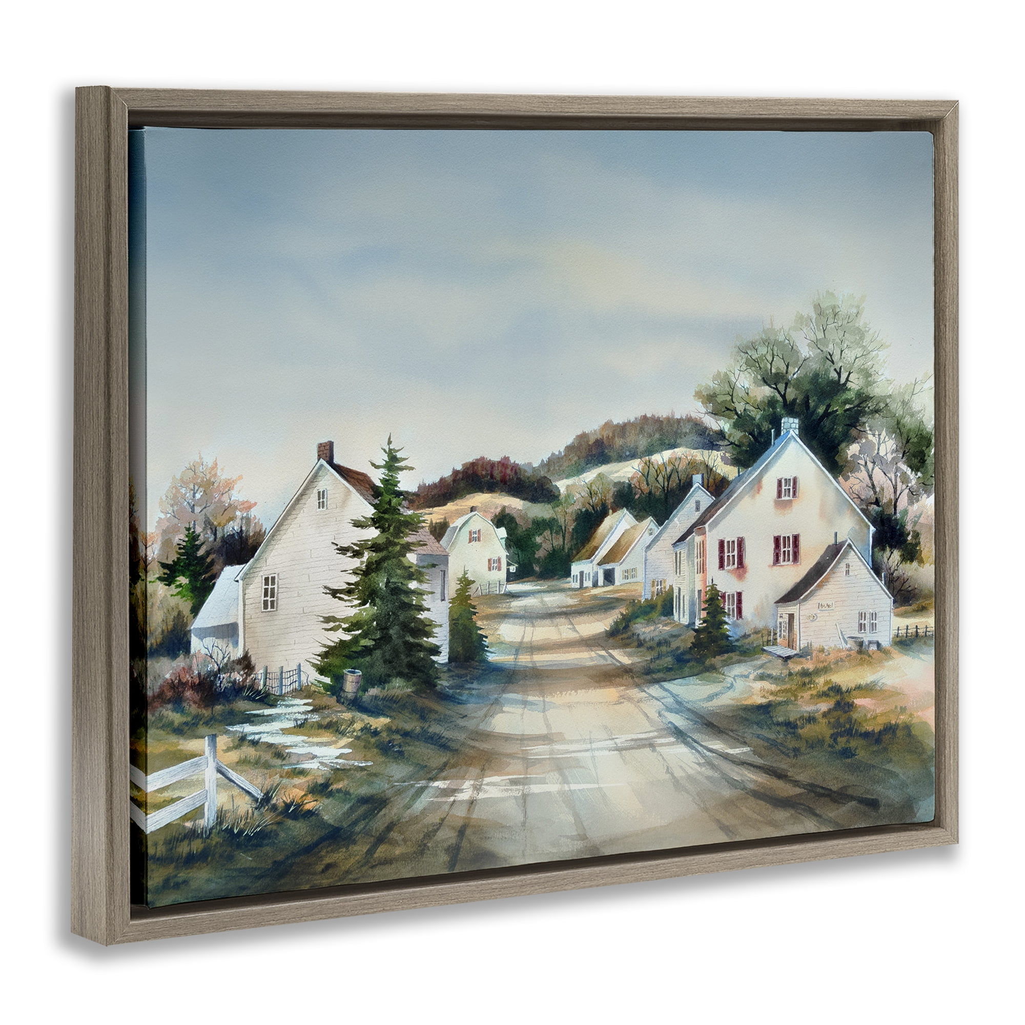 Stupell Industries Tranquil Village Road & Houses Brown Framed Floater Canvas Wall Art, design by Owen Wexler