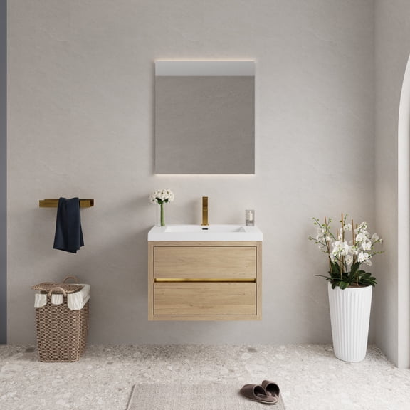 Abruzzo 30" Natural Oak Wall-Mounted Bathroom Vanity with Sink – Stone Resin Countertop & Soft-Close Drawers, Waterproof Wood Cabinet for Small Bathrooms